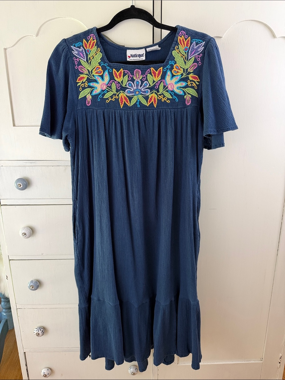 National Navy Blue Cotton Embroidered Midi Dress Cottagecore Boho Missy M